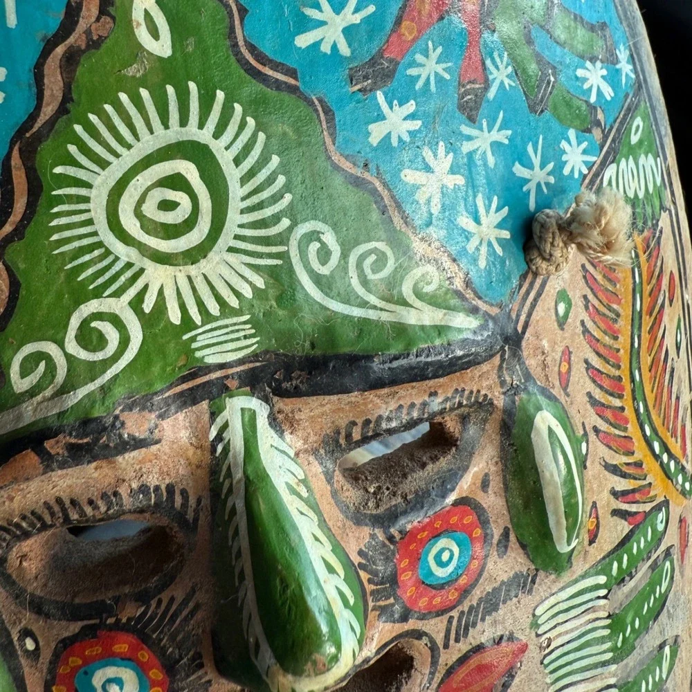 Vintage Peruvian Folk Art Hand Painted‎ Clay Mask Wall Decor